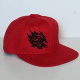 Kids snapback hat with embroidered T-Rex scratching design - Red