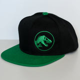 Black and green Jurassic Snapback with a dinosaur logo on a white background