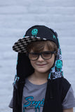 Black kids snapback hat with checkered brim and aqua drip smiley embroidery