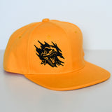 Kids snapback hat with embroidered T-Rex scratching design - Yellow