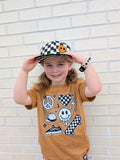 Kids checkered snapback hat with embroidered smiley in orange