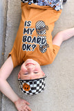 Kids checkered snapback hat with embroidered smiley in orange