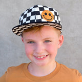 Kids checkered snapback hat with embroidered smiley in orange