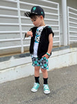Black kids snapback hat with checkered brim and aqua drip smiley embroidery