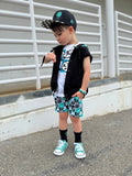 Black kids snapback hat with checkered brim and aqua drip smiley embroidery
