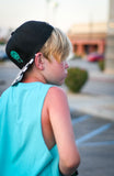 Black kids snapback hat with checkered brim and aqua drip smiley embroidery