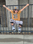 Kids checkered snapback hat with embroidered smiley in orange