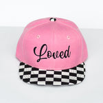 RTS YOUTH Baby Pink/Checker with Black Cursive LOVED Snapback