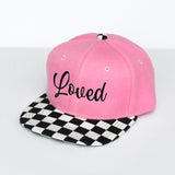 RTS YOUTH Baby Pink/Checker with Black Cursive LOVED Snapback